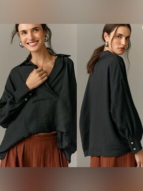 Anthropologie Dylon Black Long Sleeve Wide Placket Top